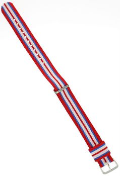 Pasek do zegarka NATO 005 w trzech kolorach – czerwonym, granatowym i białym. Nylonowy, parciany, długość 25,5 cm, szerokość 18 mm. Idealny do mniejszych zegarków sportowych i codziennych.2.jpg